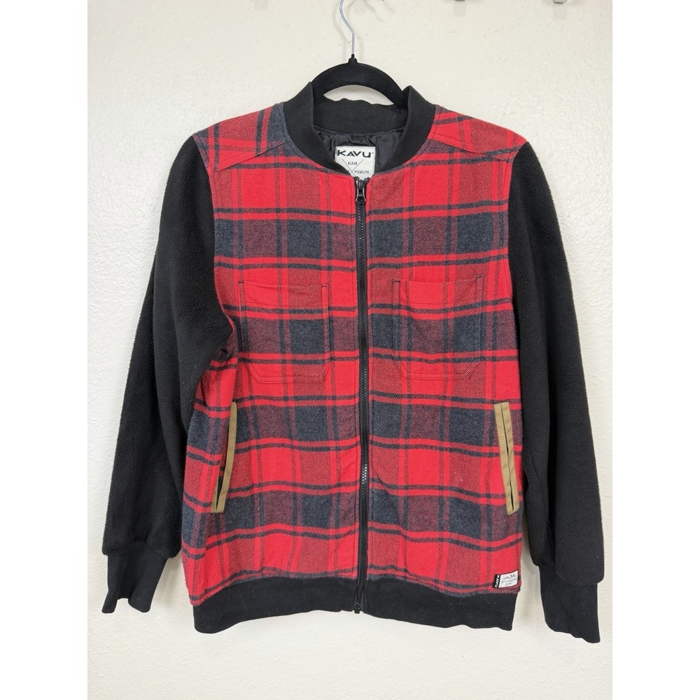 Kavu Plaid Bomber Jacket Red Black Fleece Sleeve Zip Coat Women Size M